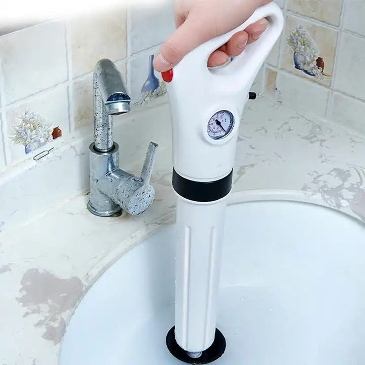 Pompa cu aer comprimat pentru desfundat țevi – chiuvetă, cadă, duș, WC – cu 4 accesorii, culoare albă