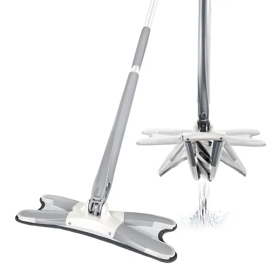 Mop cu burete din fibre și stoarcere tip X, cap rotativ 360°, braț extensibil