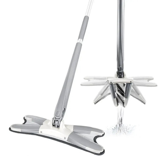 Mop cu burete din fibre și stoarcere tip X, cap rotativ 360°, braț extensibil