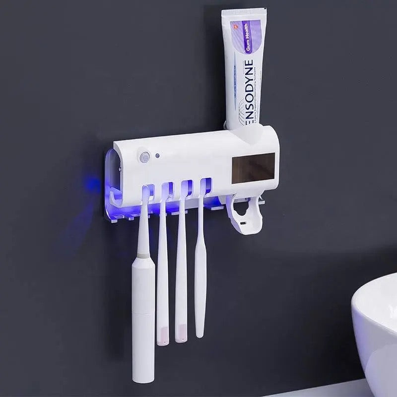 Dozator pastă de dinți cu suport pentru 4 periuțe și sterilizare UV, alimentare solară