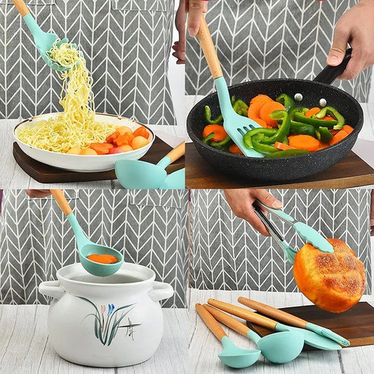 Set 12 ustensile de gătit din silicon, mâner rezistent din bambu