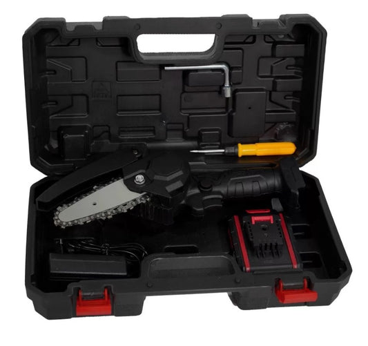 Mini drujba cu lant, fara fir, lama 4 inch, portabila, cu 2 acumulatori 48V + 2 lanturi