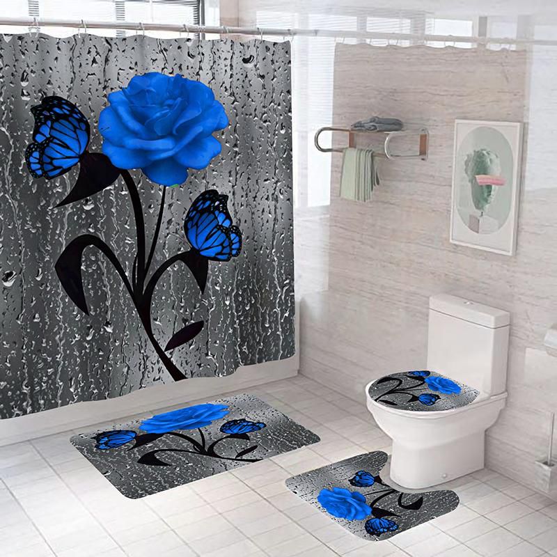 Set baie 4 piese – perdea duș, 2 covorașe și husă capac toaletă