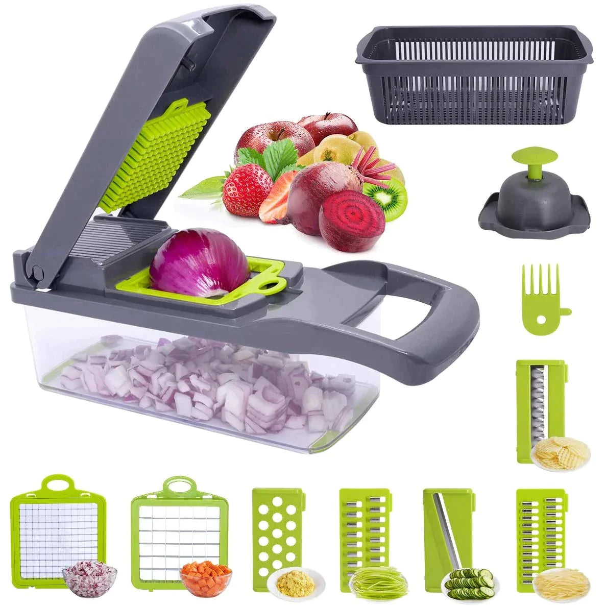 Răzătoare multifuncțională legume și fructe – 14 piese, lame inox, mâner și protecție