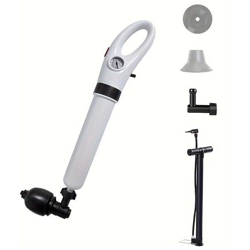 Pompa cu aer comprimat pentru desfundat țevi – chiuvetă, cadă, duș, WC – cu 4 accesorii, culoare albă