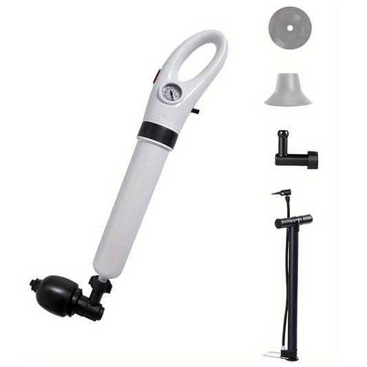 Pompa cu aer comprimat pentru desfundat țevi – chiuvetă, cadă, duș, WC – cu 4 accesorii, culoare albă