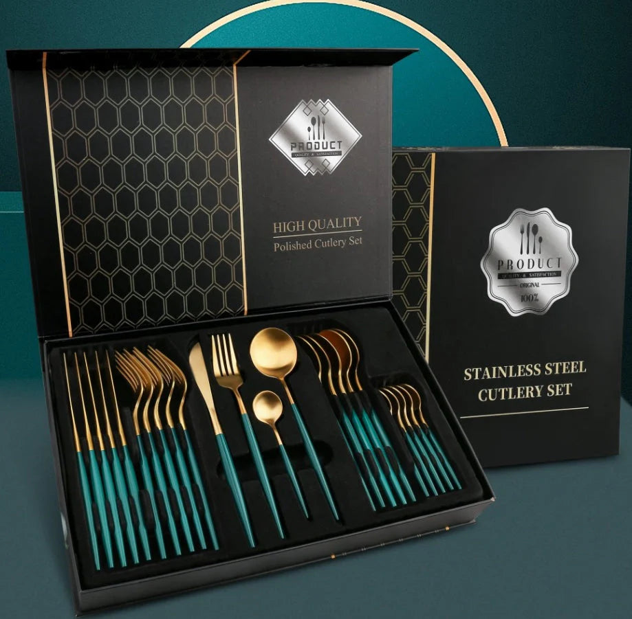 Set Tacâmuri 24 Piese Stil Portughez din Oțel Inoxidabil – Eleganță și Rafinament la Masă