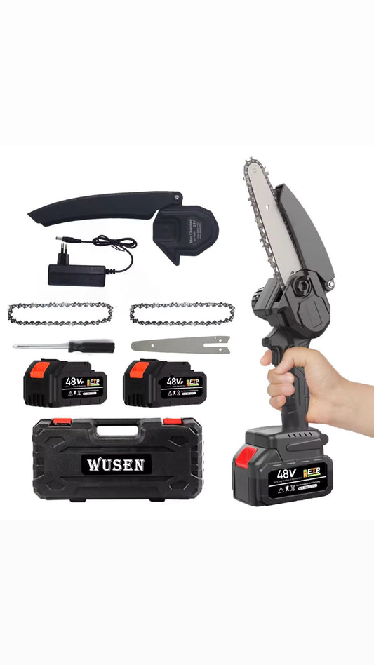 Mini drujba cu lant, fara fir, lama 6 inch, portabil, cu 2 acumulatori 48V + 2 lanturi, putere 3000W