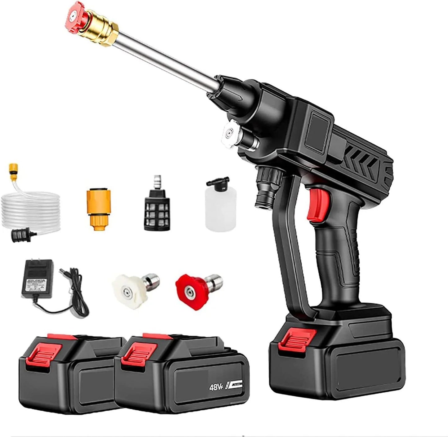 Aparat de spalat cu presiune fara fir ( portabil ), cu 2 acumulatori, 500W, 48V, 8L/min, 30 bar, negru, accesorii si valiza inclusa
