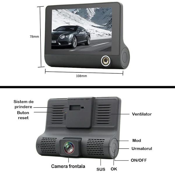 Camera Video Auto Tripla DVR, L300-1, Full-HD, 3 Camere – Fata/Spate/Interior, Ecran 4”, G Senzor, 170 grade 12/24V