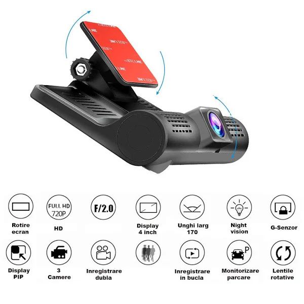 Camera Video Auto Tripla DVR, L300-1, Full-HD, 3 Camere – Fata/Spate/Interior, Ecran 4”, G Senzor, 170 grade 12/24V