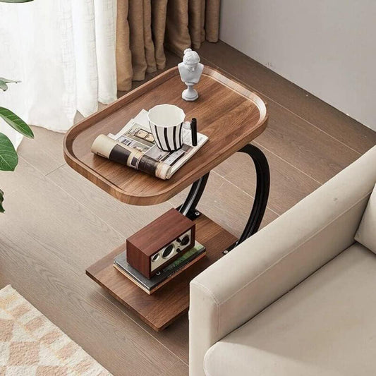 Măsuță de cafea pentru living, design nordic în formă de C, cu 2 niveluri, pe roți 52x34x60 cm