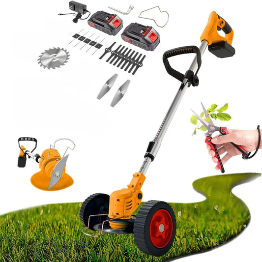 Motocoasă Electrică cu 2 Acumulatori 48V și Set Roți Detașabile, 4000 mAh, 18000 RPM, Disc + 2x Lamă + 5x palete INCLUSE
