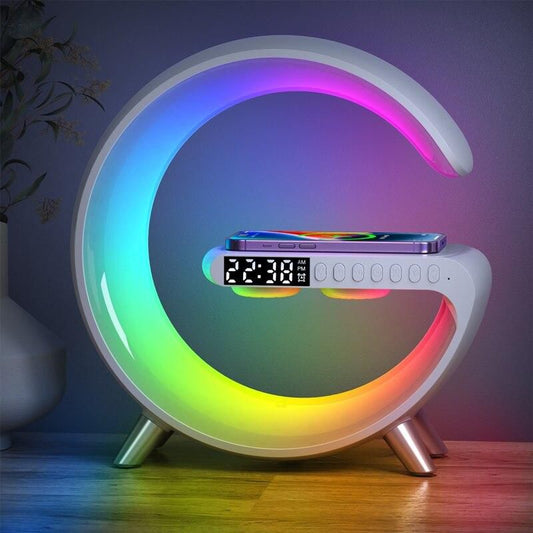 Stație încărcare wireless 3 în 1 cu lampă RGB și boxă Bluetooth, control aplicație
