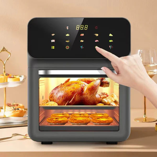 Friteuza cu aer cald Hoffmans cu geam 12L, 2400W, 10 Programe, Multifunctional, Temperatura Ajustabila, Ecran cu Touch Screen, Manusa si 2 Tavi