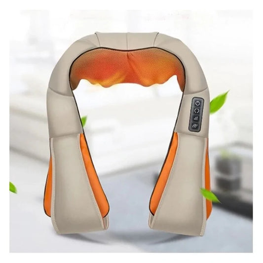 Aparat de masaj cervical Massager Neck, cu infrarosu si bile, 24W, piele, crem