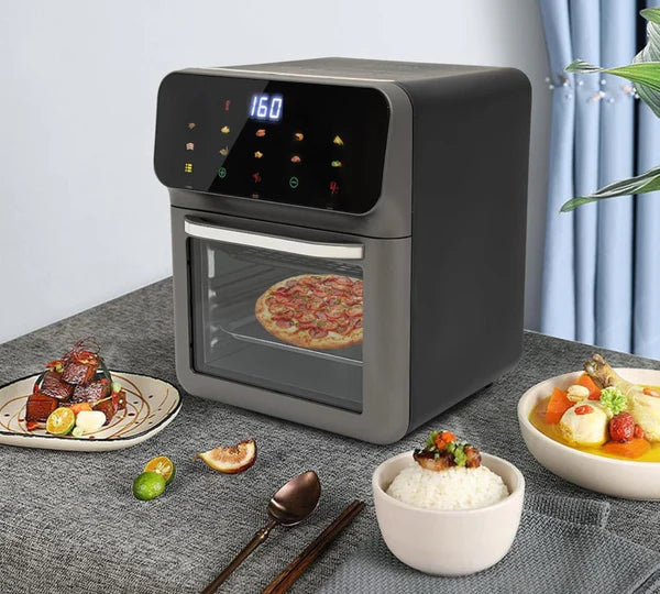 Friteuza cu aer cald Hoffmans cu geam 12L, 2400W, 10 Programe, Multifunctional, Temperatura Ajustabila, Ecran cu Touch Screen, Manusa si 2 Tavi