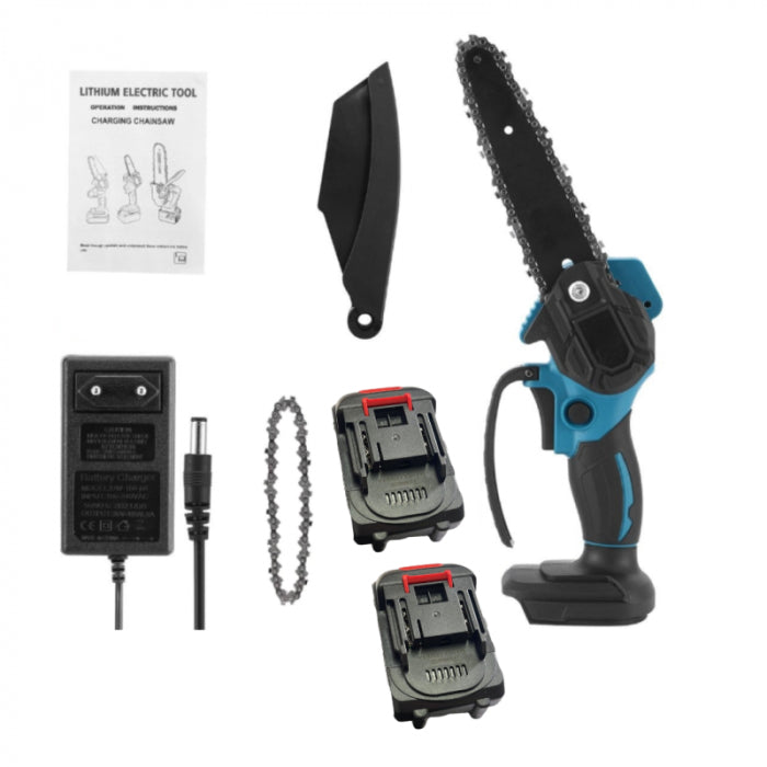 Mini drujbă cu lanț, fără fir, lamă 6 inch, portabilă, cu 2 acumulatori 48V + 2 lanțuri