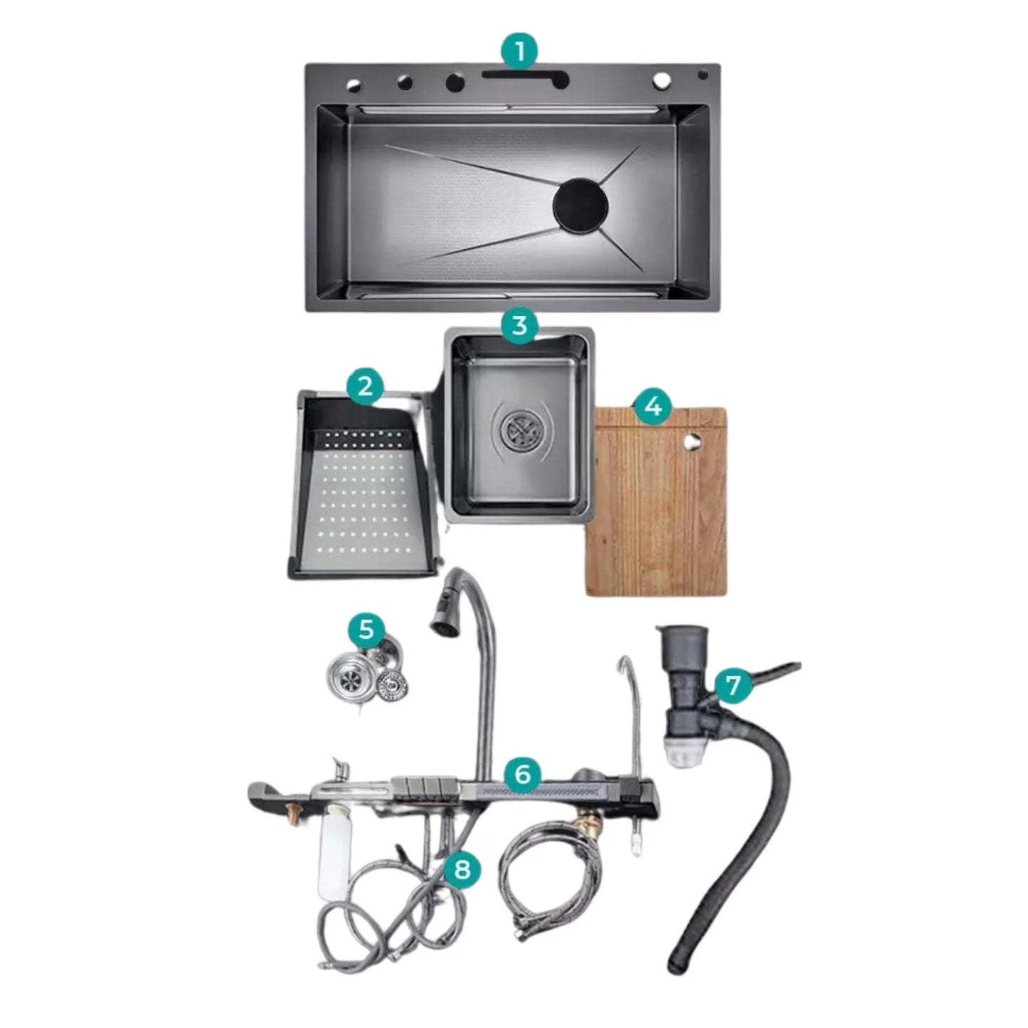 Chiuvetă multifuncțională cu 2 cascade, accesorii incluse, afișaj digital al temperaturii și robinet cascadă – Negru/Grafit, 790x500mm