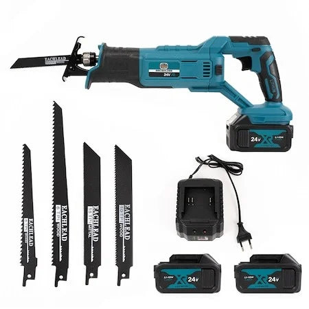 Fierastrau Tip Sabie, cu 2 Acumulatori 36V, 5000 mAh, Mandrina Autoblocanta, 4 Bucati Panza Diferite Modele, 1 Incarcator, Valiza Compacta de Transport, Albastru