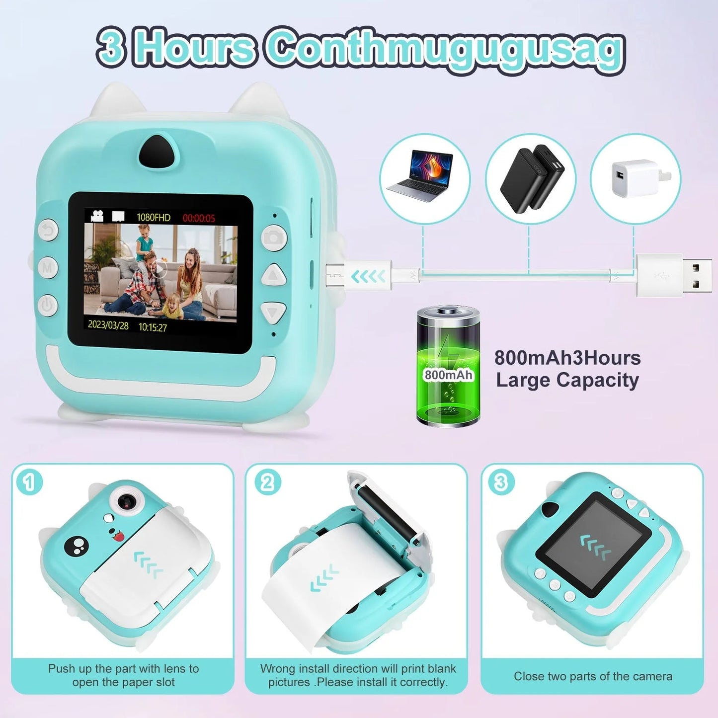 Aparat foto digital cu imprimare termică pentru copii, focalizare automată, display color de 2,4 inch 1080P Full HD