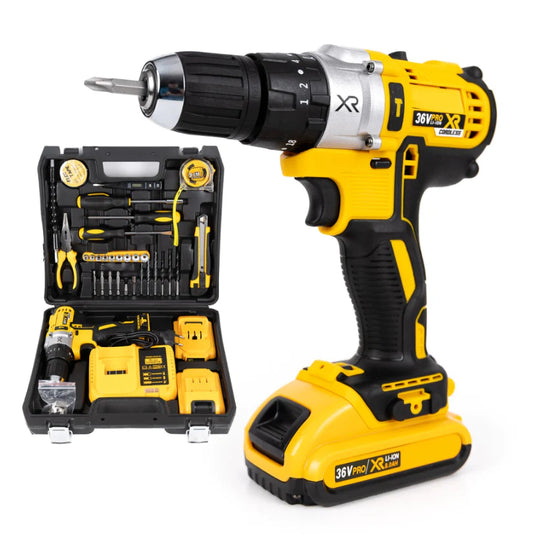 Trusă Bormașină 36V cu 2 Acumulatori, Încărcător și 37 Accesorii