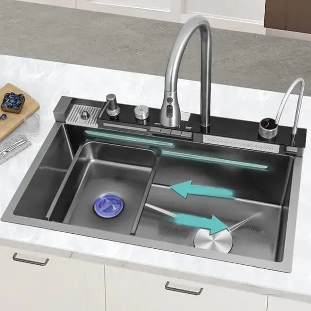 Chiuvetă multifuncțională cu 2 cascade, accesorii incluse, afișaj digital al temperaturii și robinet cascadă – Negru/Grafit, 790x500mm
