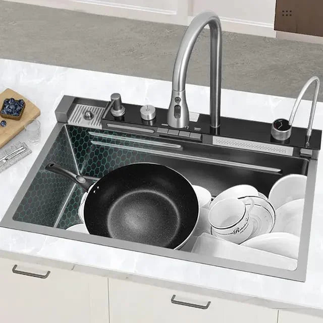 Chiuvetă multifuncțională cu 2 cascade, accesorii incluse, afișaj digital al temperaturii și robinet cascadă – Negru/Grafit, 790x500mm