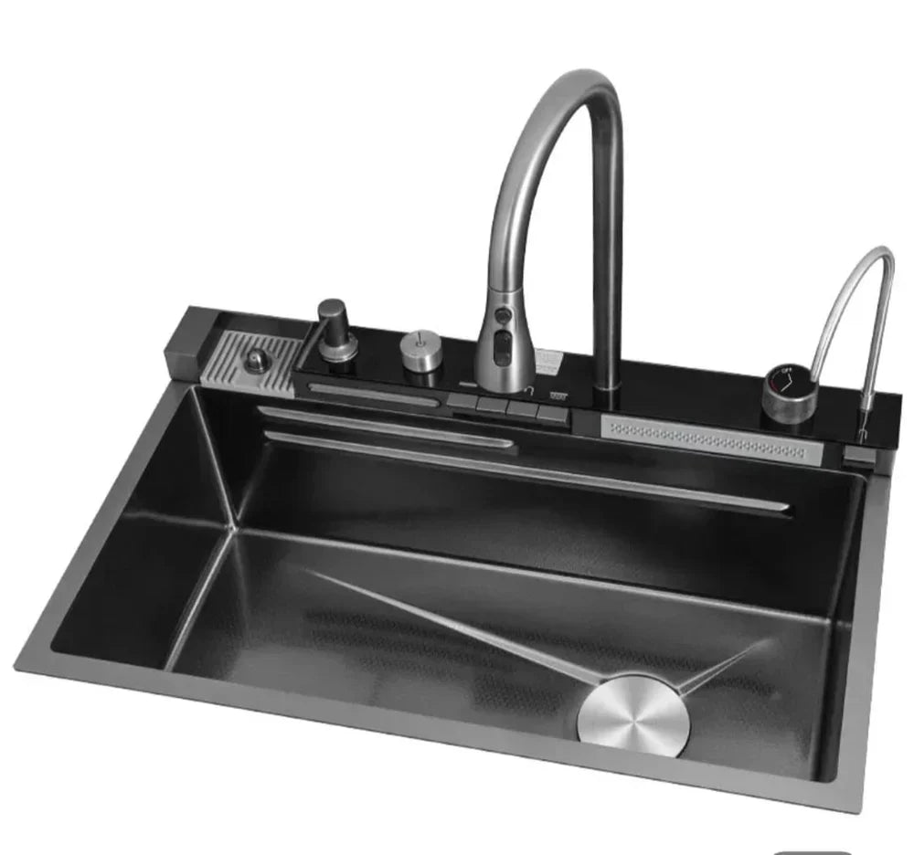 Chiuvetă multifuncțională cu 2 cascade, accesorii incluse, afișaj digital al temperaturii și robinet cascadă – Negru/Grafit, 790x500mm