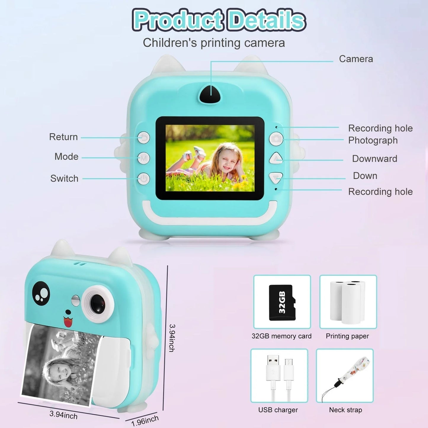 Aparat foto digital cu imprimare termică pentru copii, focalizare automată, display color de 2,4 inch 1080P Full HD
