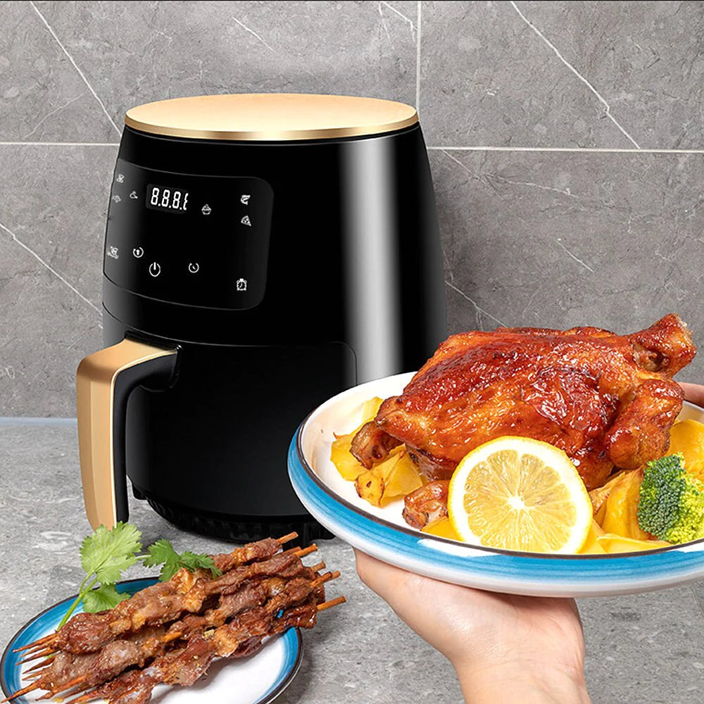Friteuză cu Aer Cald, Fara Ulei, Air Fryer capacitate 6L, Ecran Digital, Functie de Coacere + SET 100 Hartii de Copt