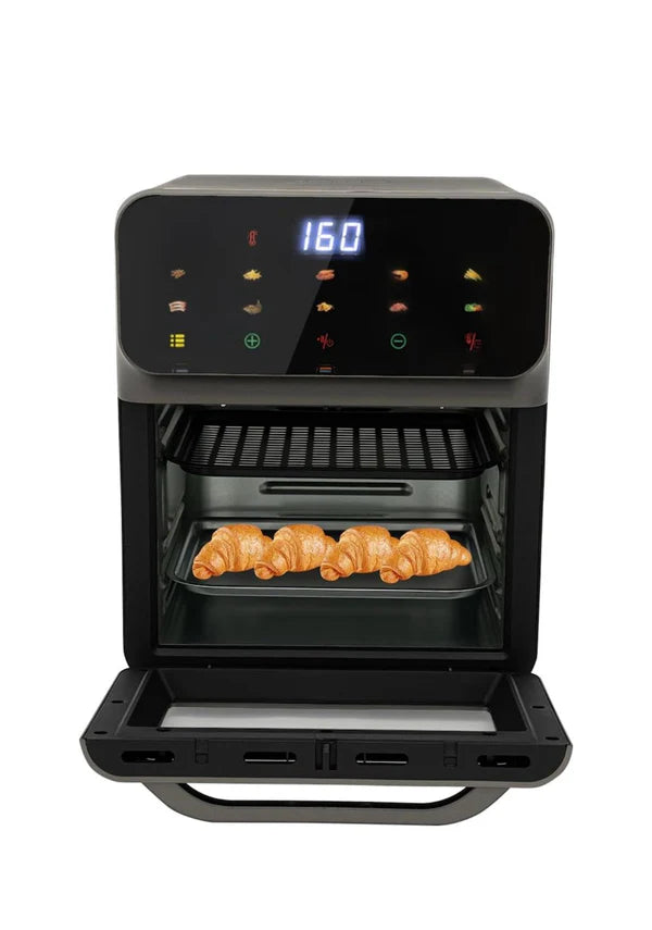 Friteuza cu aer cald Hoffmans cu geam 12L, 2400W, 10 Programe, Multifunctional, Temperatura Ajustabila, Ecran cu Touch Screen, Manusa si 2 Tavi