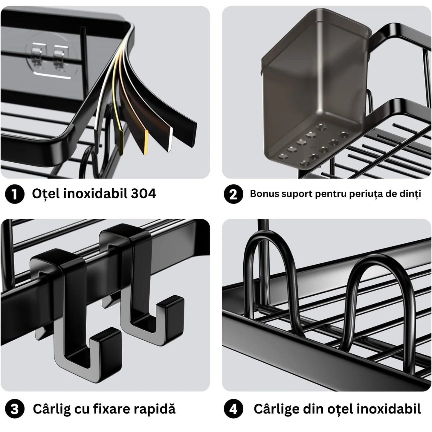 Set 2 rafturi de colț pentru duș – montaj cu adeziv, fără găurire, din metal negru cu suporturi pentru periuță și pastă de dinți