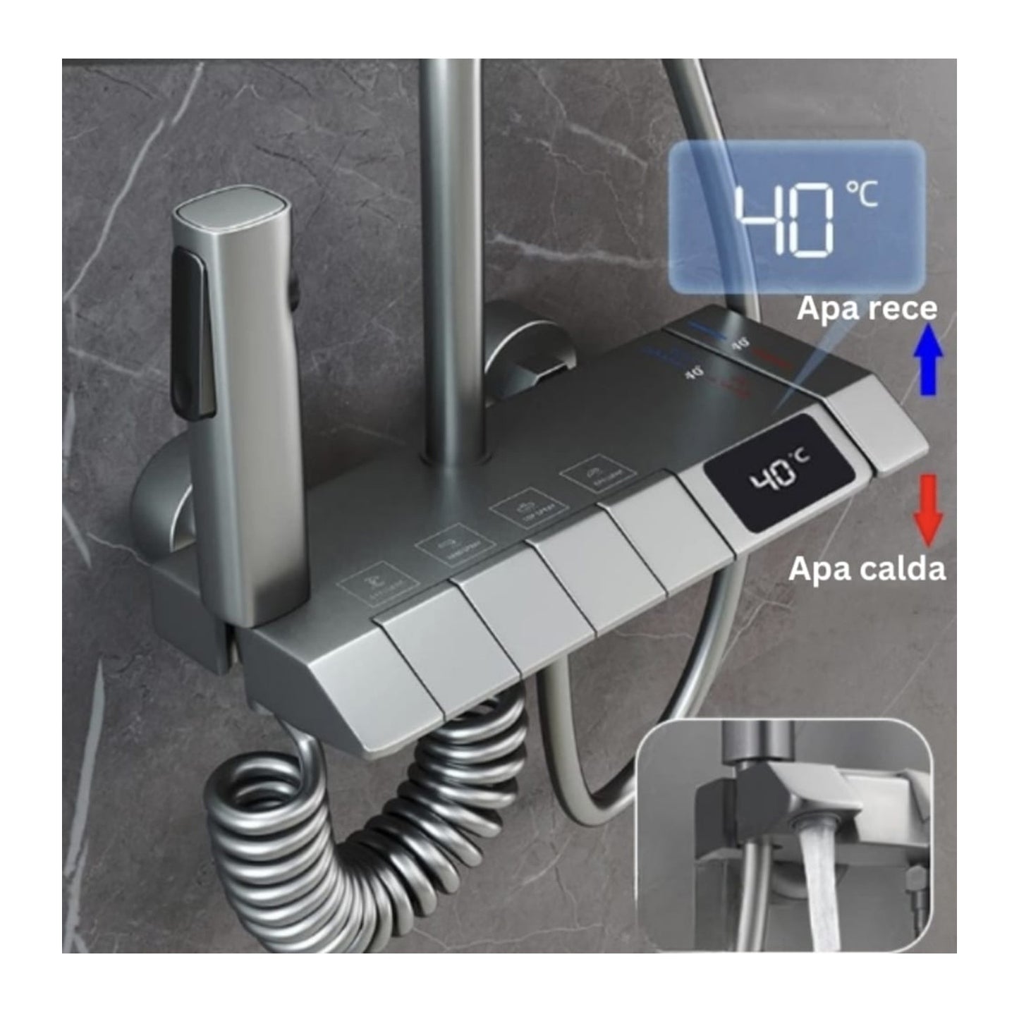 Set de duș cu pară dreptunghiulară, afișaj digital, 4 moduri de curgere, montaj pe perete – Gri, design modern