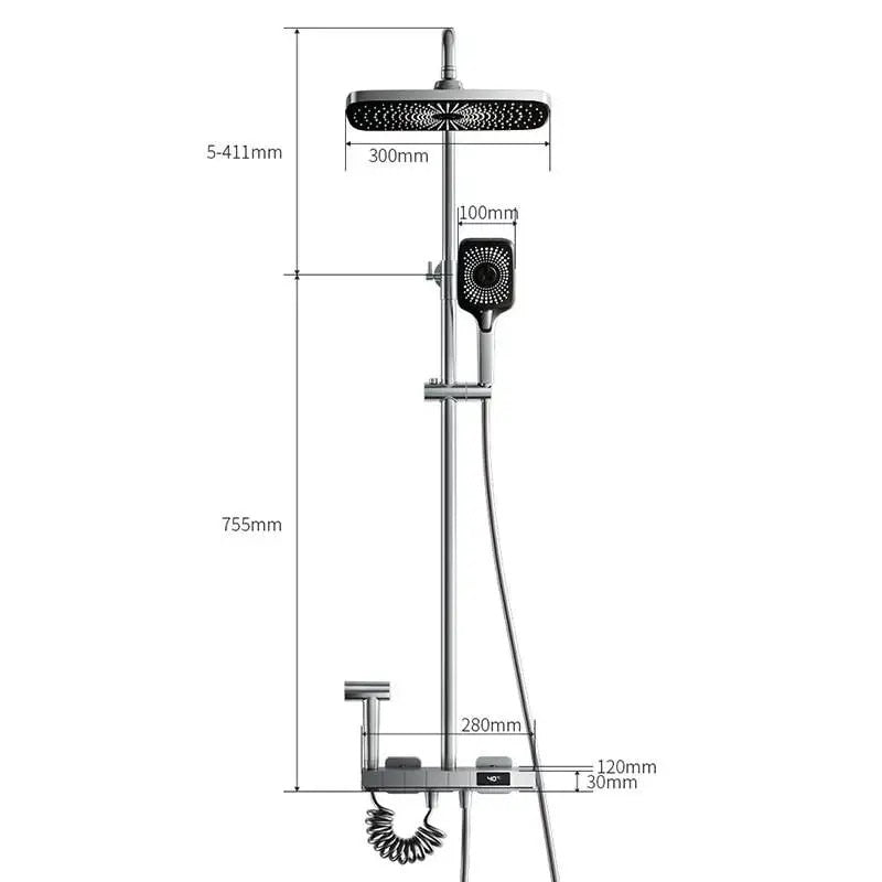 Set de duș cu pară dreptunghiulară, afișaj digital, 4 moduri de curgere, montaj pe perete – Gri, design modern