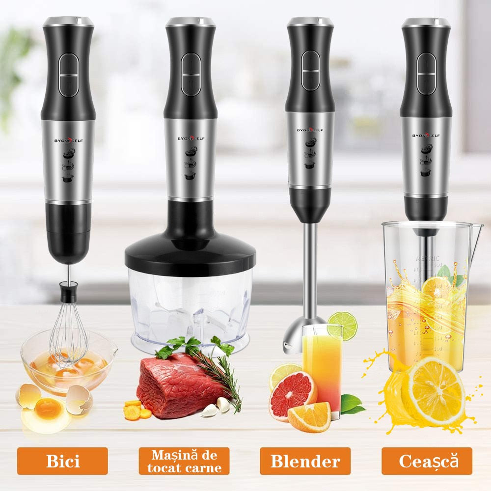 Set Blender de Mână 4în1 Multifuncțional Roșu/Negru – Putere 600W, Capacitate 500 ml