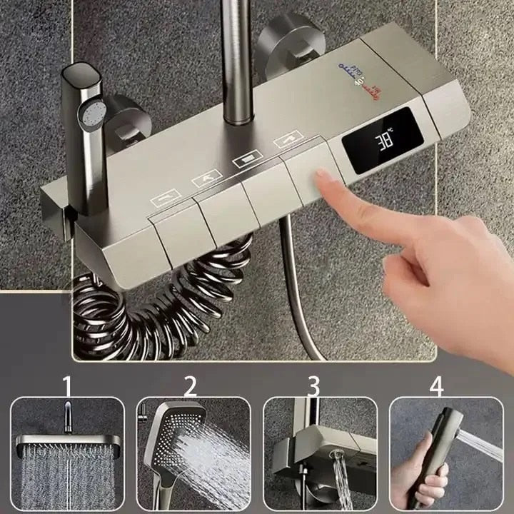 Set de duș cu pară dreptunghiulară, afișaj digital, 4 moduri de curgere, montaj pe perete – Gri, design modern