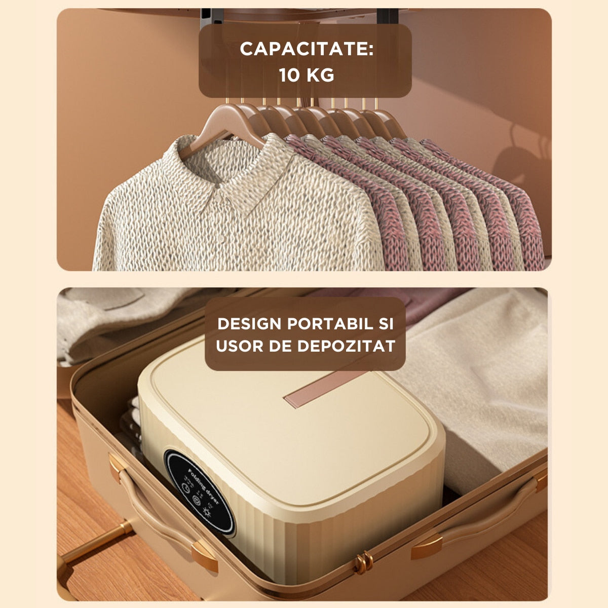 Uscator de rufe incorporabil, 10Kg, control touch screen, pliabil, protectie supraincalzire, culoare kaki, 110x41x125cm