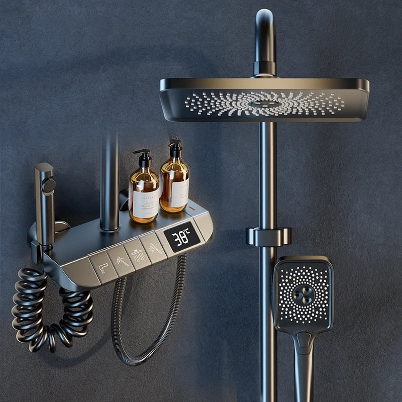 Set de duș cu pară dreptunghiulară, afișaj digital, 4 moduri de curgere, montaj pe perete – Gri, design modern