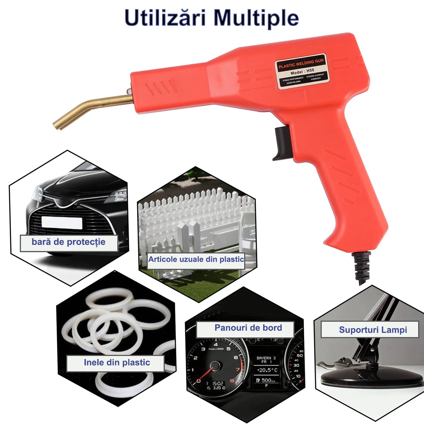 Trusa aparat sudat plastic, pistol profesional pentru lipit/sudat plastic, kit pentru repararea fisurilor din plastic, polipropilena, 200 capse de întărire, putere 50W