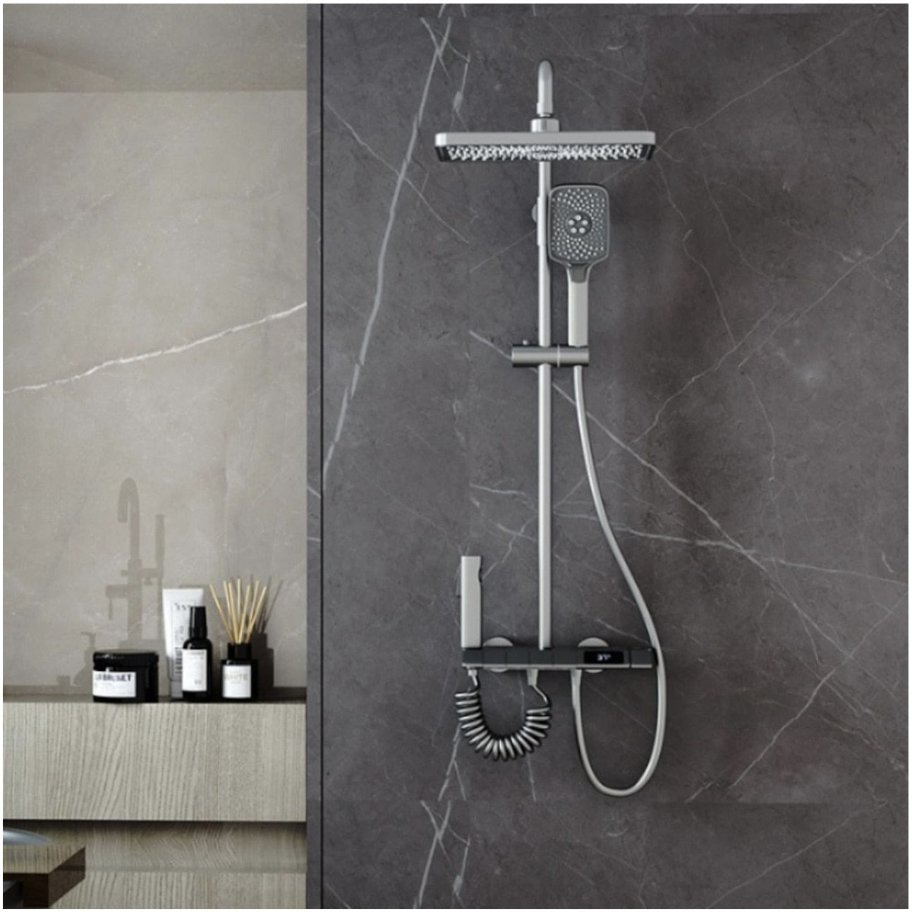 Set de duș cu pară dreptunghiulară, afișaj digital, 4 moduri de curgere, montaj pe perete – Gri, design modern