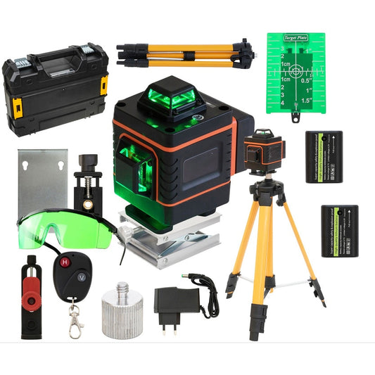 Kit Nivela Laser, autonivelare, telecomandă, trepied, 16 linii verzi, 4×360°