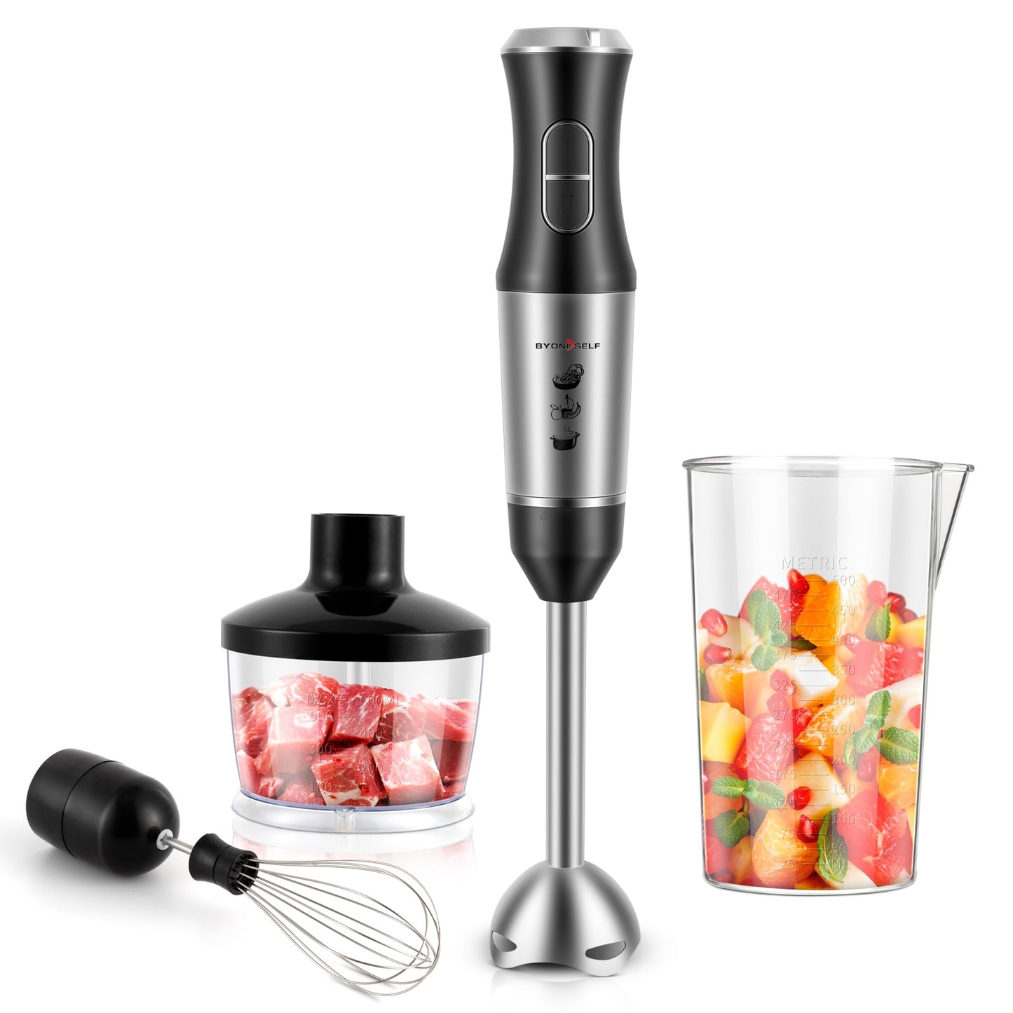 Set Blender de Mână 4în1 Multifuncțional Roșu/Negru – Putere 600W, Capacitate 500 ml