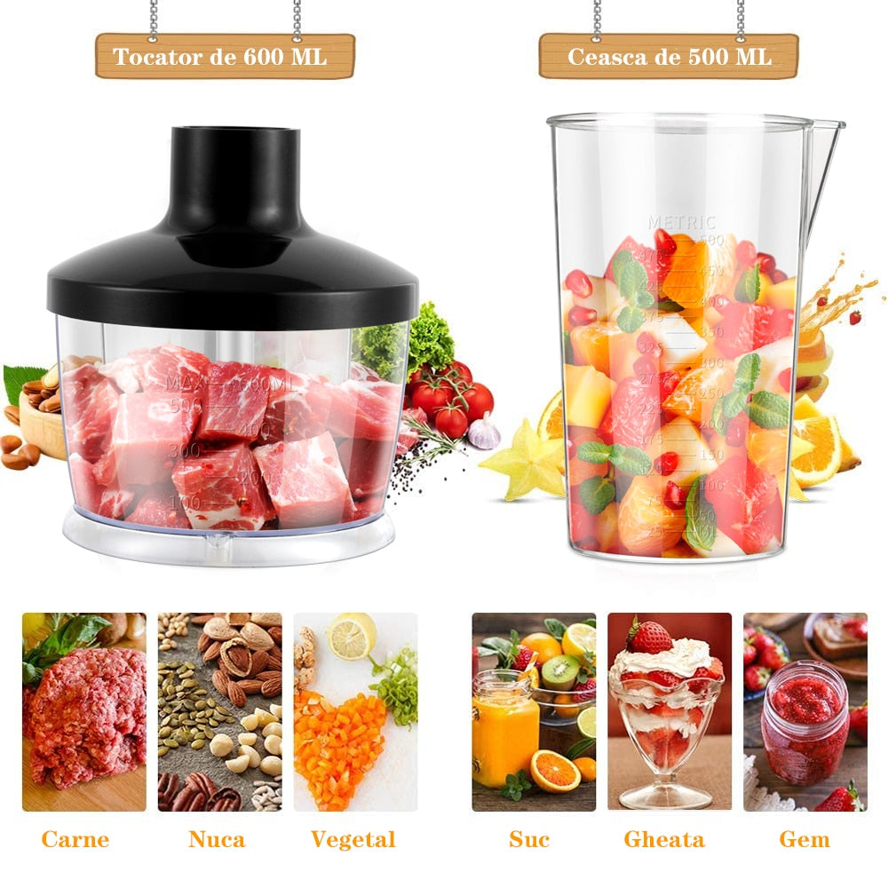 Set Blender de Mână 4în1 Multifuncțional Roșu/Negru – Putere 600W, Capacitate 500 ml
