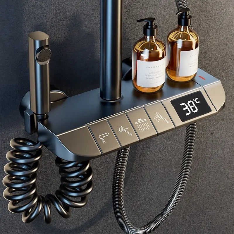 Set de duș cu pară dreptunghiulară, afișaj digital, 4 moduri de curgere, montaj pe perete – Gri, design modern