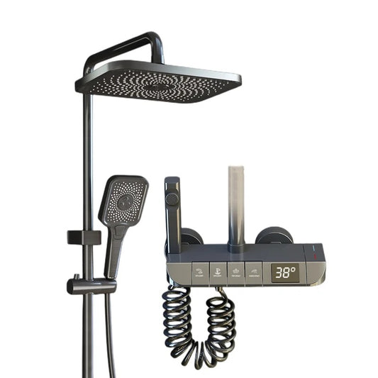 Set de duș cu pară dreptunghiulară, afișaj digital, 4 moduri de curgere, montaj pe perete – Gri, design modern