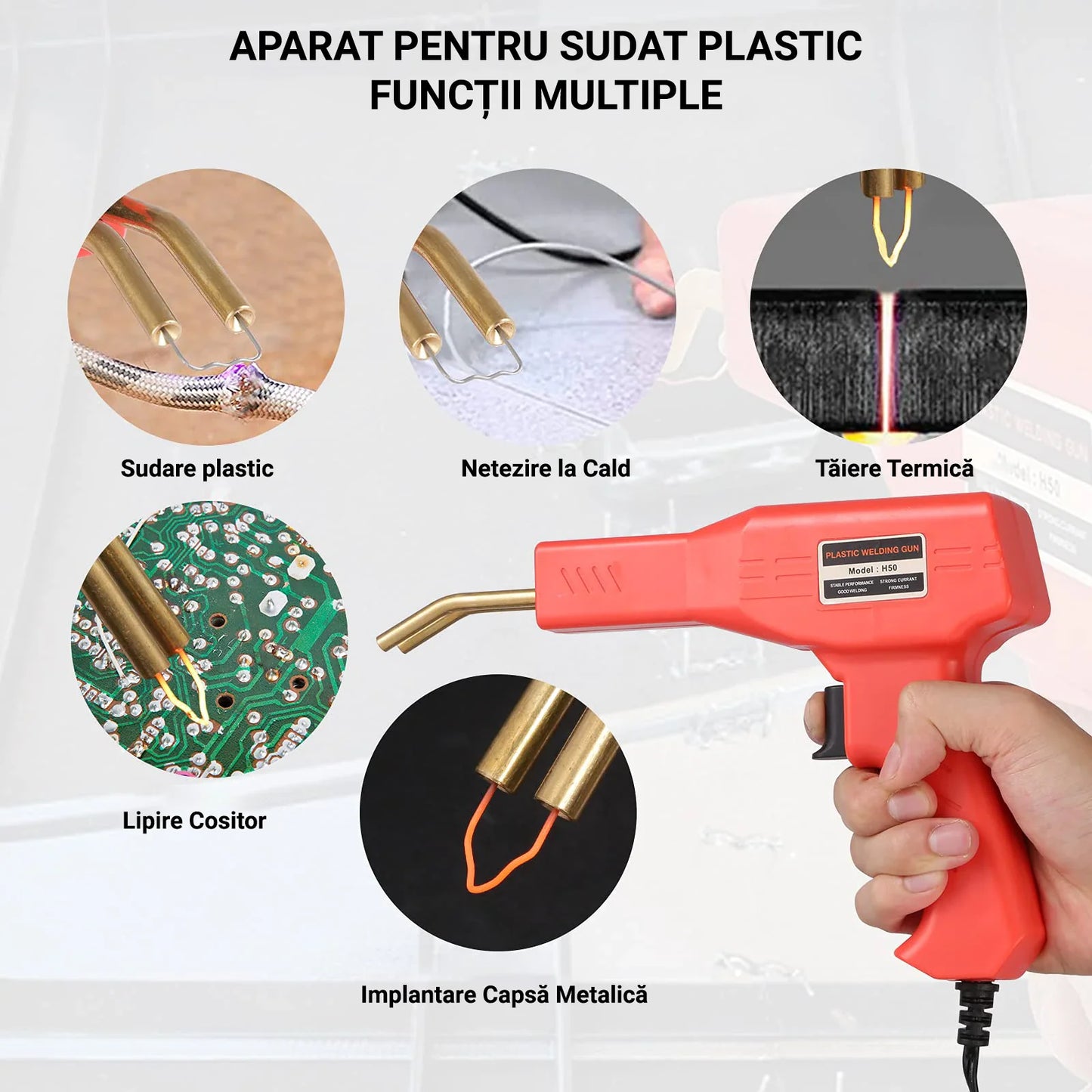 Trusa aparat sudat plastic, pistol profesional pentru lipit/sudat plastic, kit pentru repararea fisurilor din plastic, polipropilena, 200 capse de întărire, putere 50W