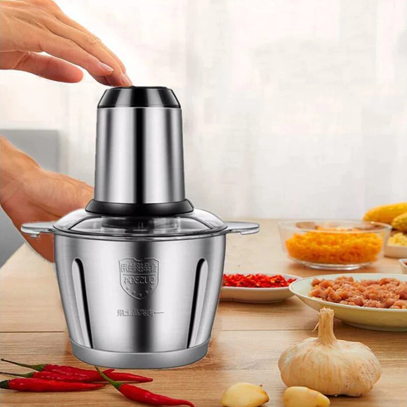 Blender si Tocator Electric pentru Carne și Legume cu 4 Lame din Inox, 2 Viteze și Bol din Inox