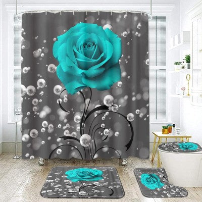 Set complet pentru baie – 4 piese Blue Rose (perdea + covorașe + husă toaletă)