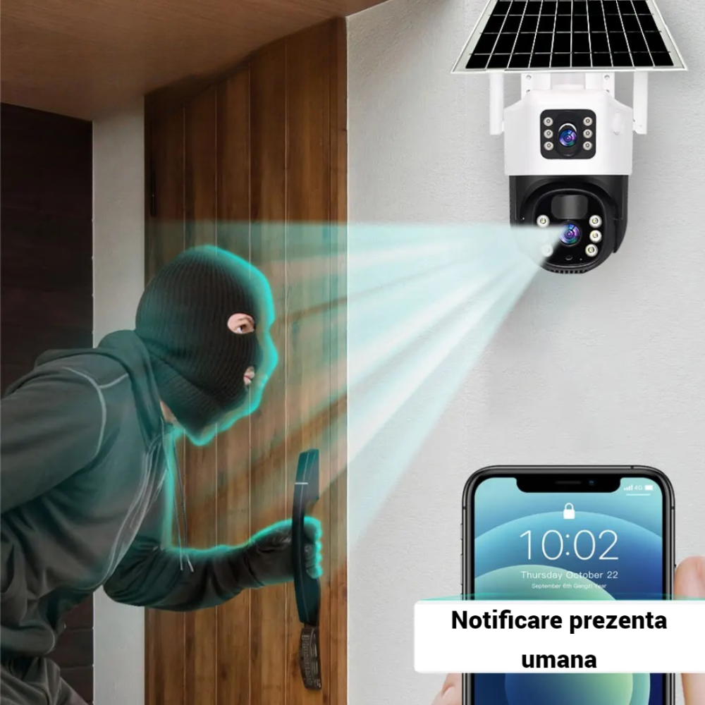 Cameră smart IP cu lentilă duală, WIFI, Cameră IR fără fir, Alarmă mișcare, microfon